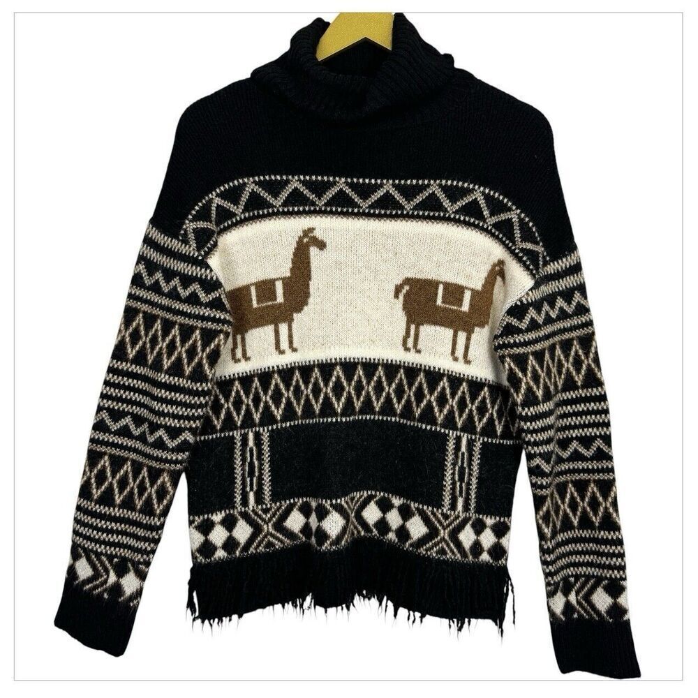 Zara Girls Alpaca Llama Western Print Cowl Neck Knit Sweater Fringed 13 14 Years - Picture 2 of 7